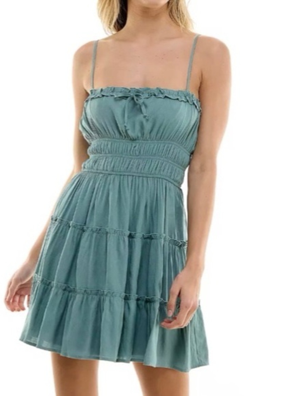 Trixxi Smocked Bodice Tiered Ruffle Mini Dress Green Medium